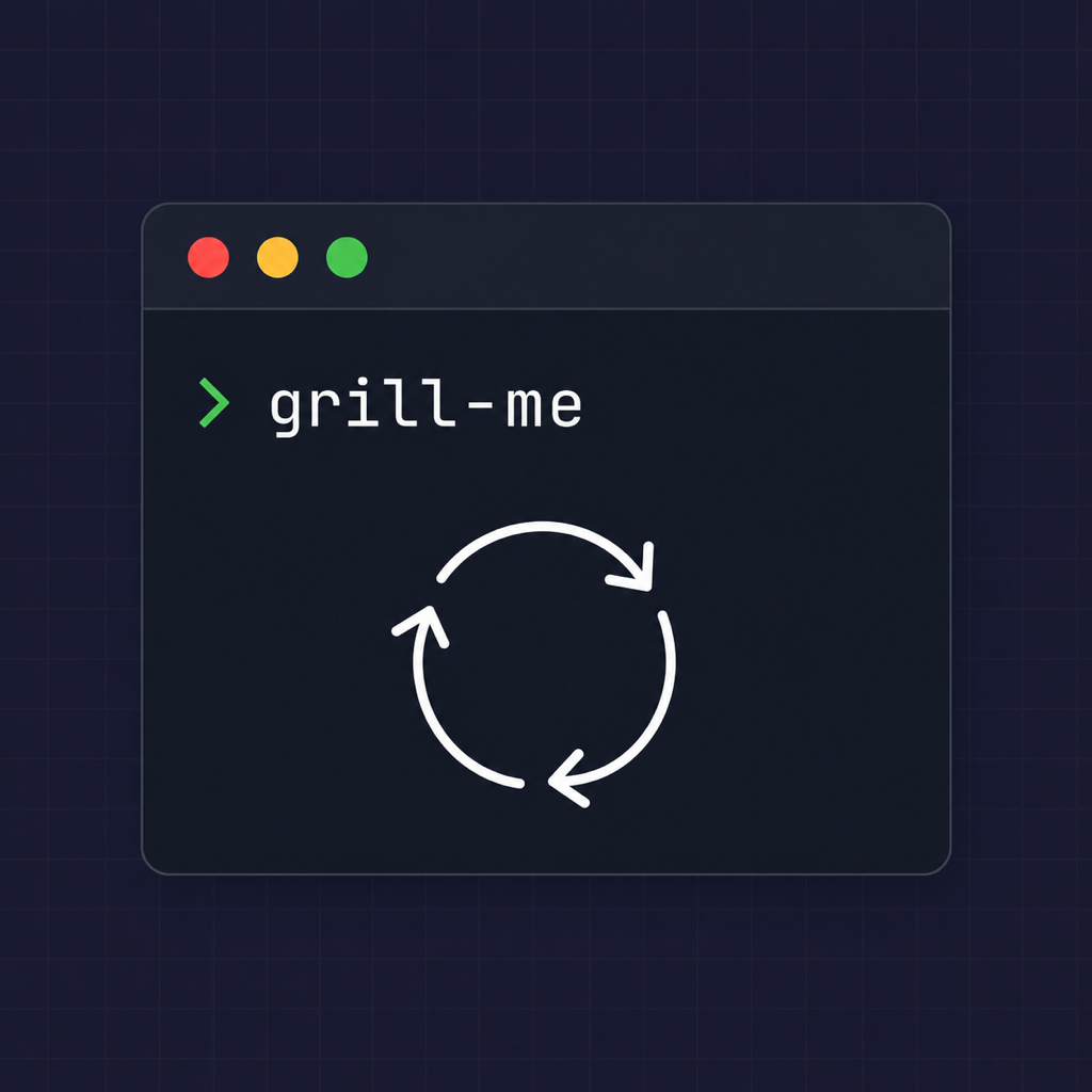 Terminal window showing the grill-me command above a circular loop icon